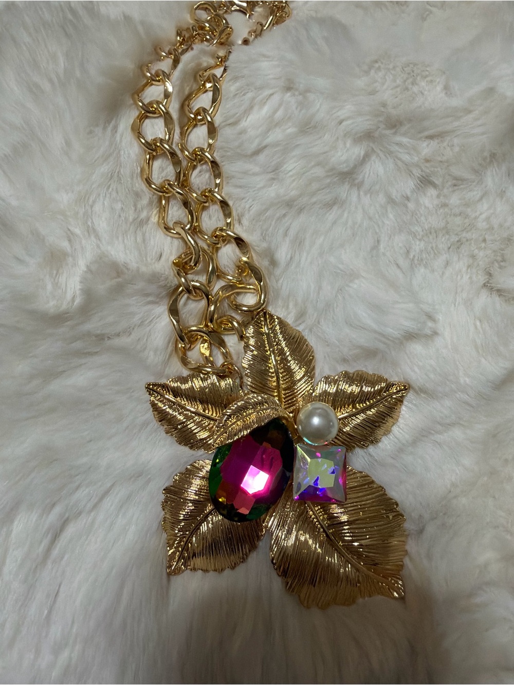 Gold Leaf Pendant Necklace with Multicolor Crystal and Pearl Accent